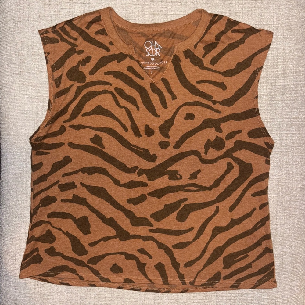 Anthropologie Chaser Animal Print Tank Brown Tiger Zebra Lose Fit Small Neutral - Picture 2 of 5